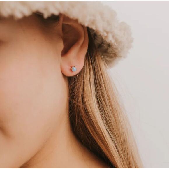 NEW ANTHROPOLOGIE JaxKelly Blue Fire Opal 18kt Tiny Stone Gemstone Hoop Earring - Picture 4 of 8